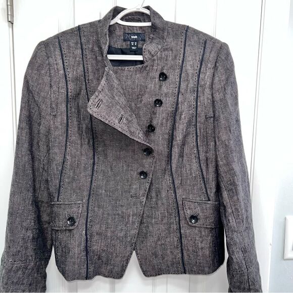 H&M Grey Fully Lined Linen Jacket with black piping and front pockets sz16 - Picture 5 of 12